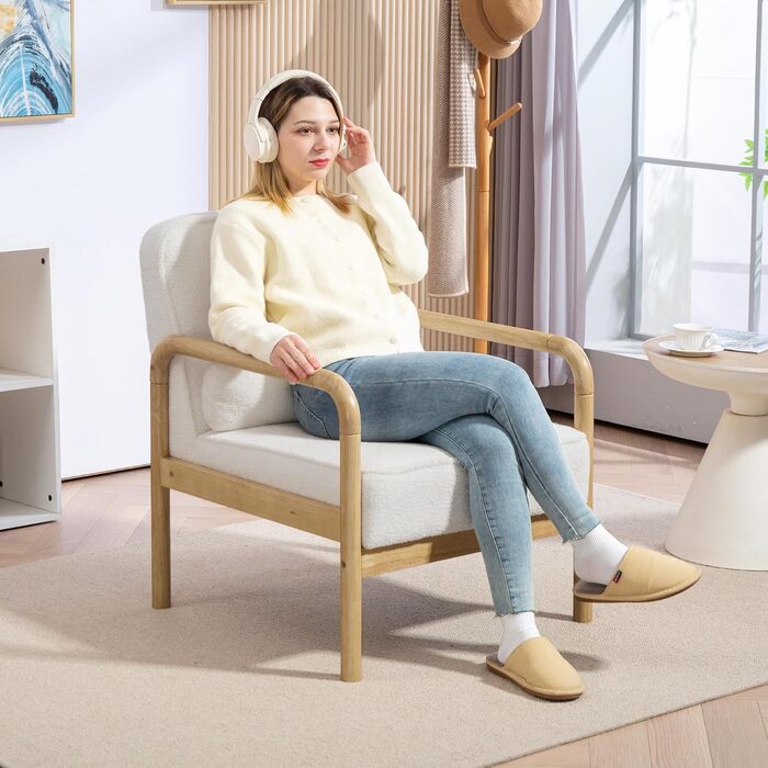 Крісло HOMCOM Крісло для вітальні з підлокітниками, дерев&39яні ніжки, велике та товсте сидіння, крісло-реклама Крісло для читання з декоративною подушкою, вигляд букле, м&39яке крісло для спальні білого кольору