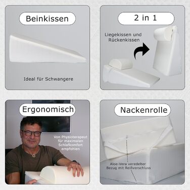 Ортопедична клиноподібна подушка з рефлюксом з поліуретану та віскозної піни, виготовлена в Європі Ергономічна та знімає тиск Зі знімним валиком для шиї Чохол з алое вера, який можна прати Ідеально підходить для хропіння та болю в спині