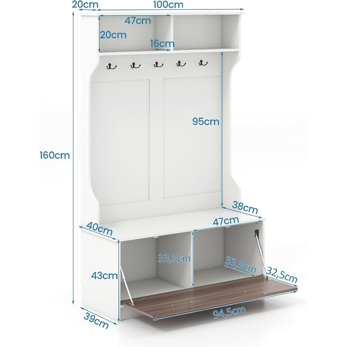Вішалка для одягу COSTWAY з лавкою та 5 подвійними гачками, вішалка для одягу з відкритими відділеннями та тумбою для взуття, пере