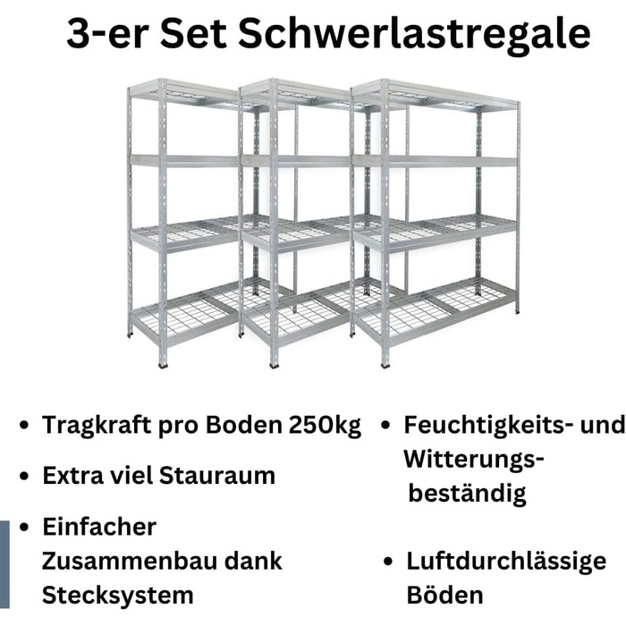 Посилений стелаж Rivet, комплект з 3 шт. , зі сталевими сітчастими полицями, 180 x 120 x 45 см (В x Ш x Г), вантажопідйомність 250 кг на полицю, оцинкований. Безболтовий стелаж, металевий стелаж, стелаж для підвалу, стелаж для зберігання, стелаж для майст