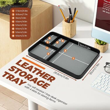Чоловічий органайзер для столу, 4 відділення, високоякісна штучна шкіра, лоток для зберігання речей для всіх тумбочок, лоток для коштовностей, тумбочка для ключів, годинника, телефону, коштовностей, EDC, чорний