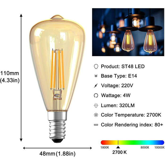 Ідеально підходить для ностальгії та ретро освітлення в будинку, кафе-барі тощо - 6 шт., 48 E14 Retro Light Bulb Vintage Antique Light Bulb