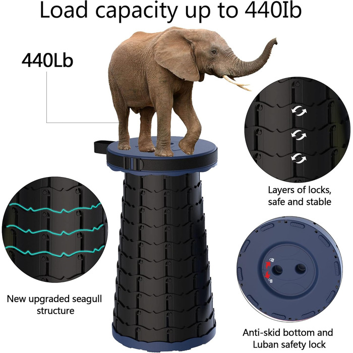Телескопічний стілець, складаний, легкий та портативний, стілець для дорослих, кемпінговий стілець для походів, риболовлі, подорожей, барбекю, максимальне навантаження 200 кг, з сумкою для перенесення морського класу