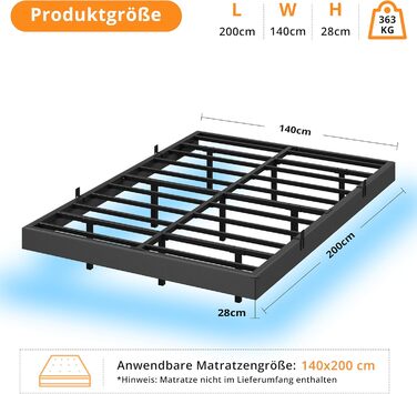 Ліжко IRONCK 140x200 зі світлодіодним освітленням та зарядною станцією, каркас ліжка 140x200 см з м&39якою оббивкою, плаваючий каркас ліжка, каркас ліжка 140x200 см, дитяче ліжко, металеве ліжко з рейковою основою, двоспальне ліжко, сірий колір