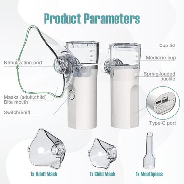 Інгалятор YSWOVUO, інгалятор для дорослих і дітей, небулайзерний інгалятор USB C, супер тихий інгалятор, з 2 масками і 1 мундштуком, портативний, для подорожей і вдома