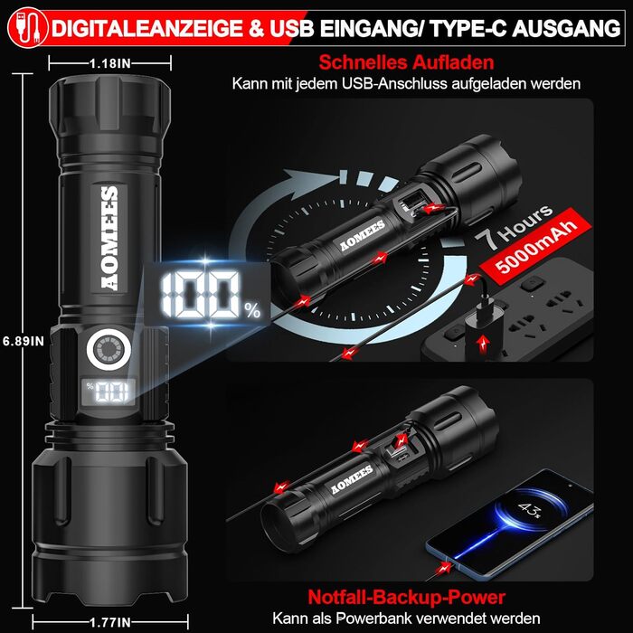 Світлодіодний ліхтарик AOMEES, який перезаряджається, надзвичайно яскравий 200 000 люмен, USB і Type-C, IPX4, водонепроникний, 5 режимів освітлення для кемпінгу. Молоток для екстреної безпеки