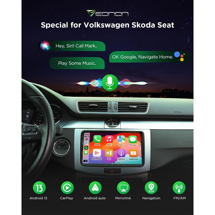 Автомобільне радіо Eonon 9 дюймів Android 13 для VW T5 Polo Golf Touran, сумісне з SEAT Skoda 232 ГБ CarPlay Android Auto GPS Bluetooth USB EQ WiFi Дзеркальне відображення екрана SWC VWA13