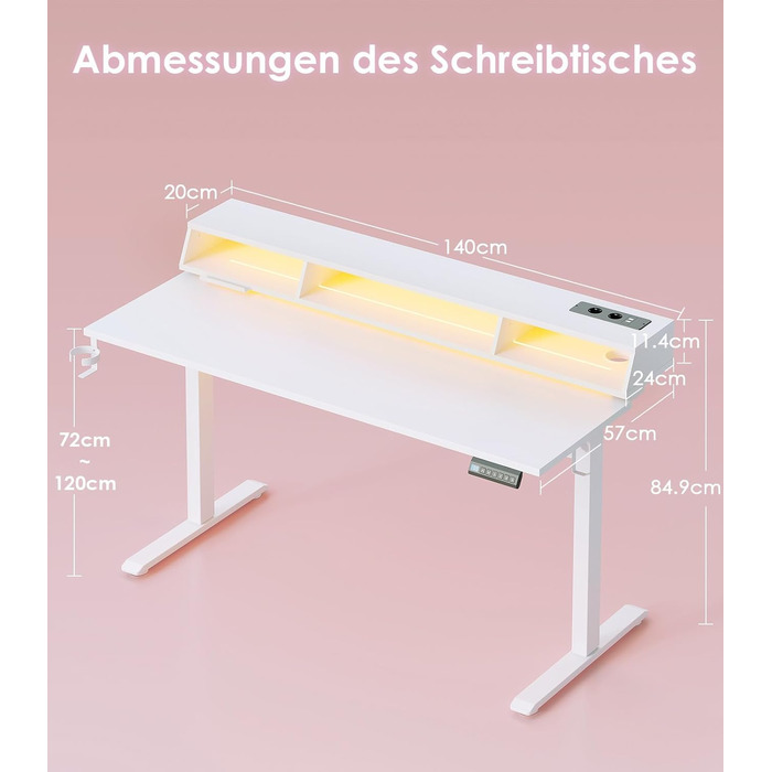 Ігровий стіл OffiGo, стіл з регульованою висотою 140 см, RGB-підсвічуванням та розетками, електричний стіл з 3 відкритими відділеннями для зберігання, тримач для напоїв та навушників, карбонова поверхня білого кольору