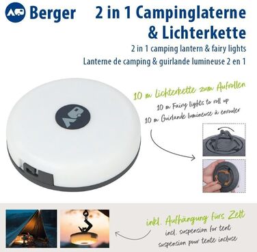 Кемпінговий ліхтар BERGER 2 в 1 і ліхтарі на шнурках 10 м 5 режимів світлодіодний зовнішній світильник теплий білий Кемпінговий світильник USB акумуляторний для наметового каравану походів відключення електроенергії Різдво компактний, легкий, водонепроник