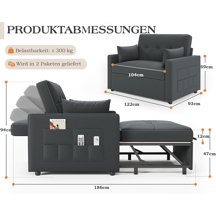 Диван-ліжко 186 x 122 см з 5-позиційним регулюванням спинки, диван-ліжко 3-в-1 з подушками та бічною кишенею, сірий лляний диван для гостьових кімнат та невеликих приміщень