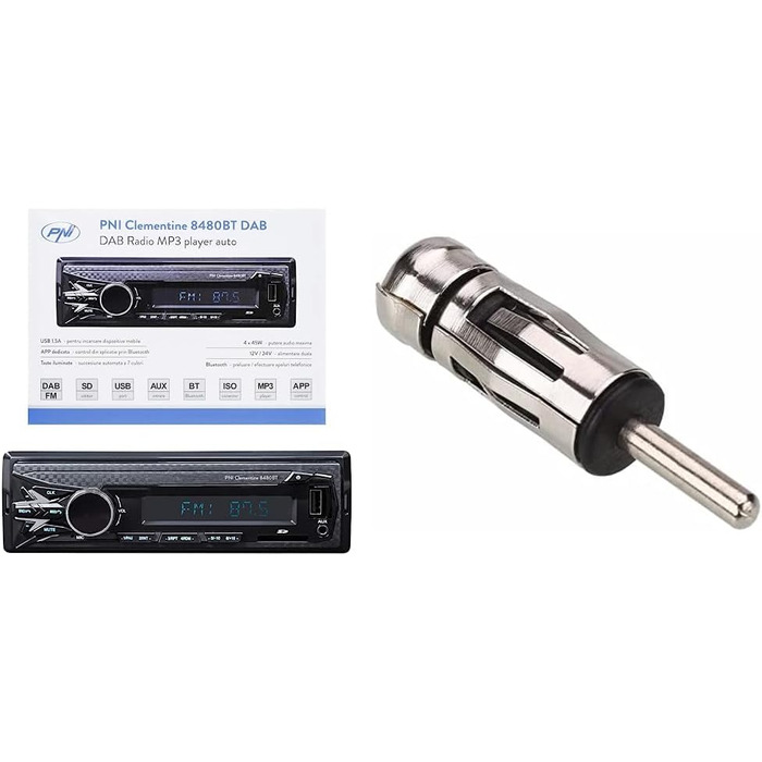 Автомагнітола DAB MP3 PNI Clementine 8480BT, 4x45w, 12 / 24V, 1 DIN, з SD, USB, AUX, RCA, Bluetooth і USB 1.5A для зарядки телефону (в комплекті з адаптером для антени Din-ISO)