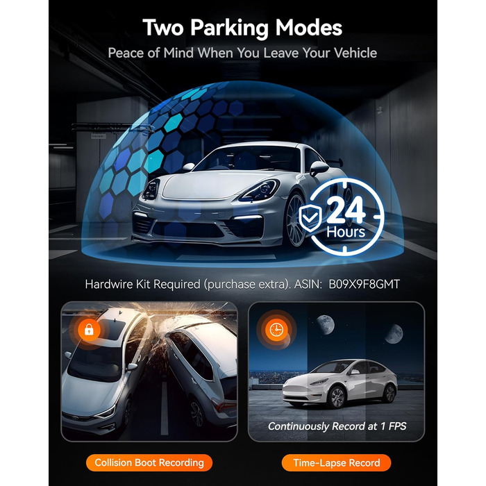 Канальна автомобільна відеореєстратор із Wi-Fi GPS, 4K1080P для передньої та внутрішньої камери, 2,5K 1600P1080P1080P, 3-дюймовий РК-дисплей із супер ІЧ-випромінюванням, цілодобовий паркувальний монітор, Макс. 512 ГБ (бездротова спереду та ззаду), 07 Dash