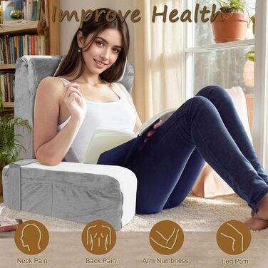 Подушка для читання на ліжку та дивані, подушка для спини, подушка для відпочинку на ліжку зі знімним валиком для шиї та підлокітниками, ергономічна подушка для спини/голови для читання, перегляду телевізора, сидіння та лежання