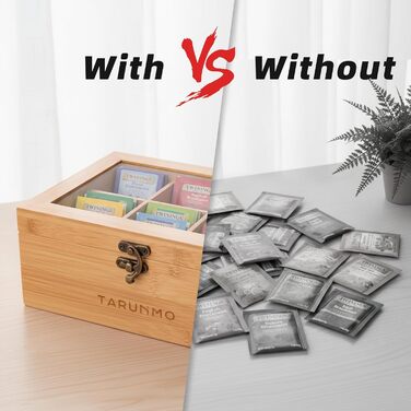 Чайна коробка, бамбук, 6 відділень, чайна скринька з оглядовим віконцем, органайзер для чайних пакетиків, ВxШxГ приблизно 22 x 16 x 9 см, натуральний колір, (1-221609)