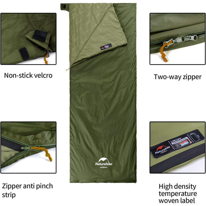 Міні-спальний мішок Naturehike Ultralight, малий, 760 г, 3-сезонний, 205 x 85 см, для піших прогулянок, походів, кемпінгу при температурі приблизно 15C, армійський зелений - XL