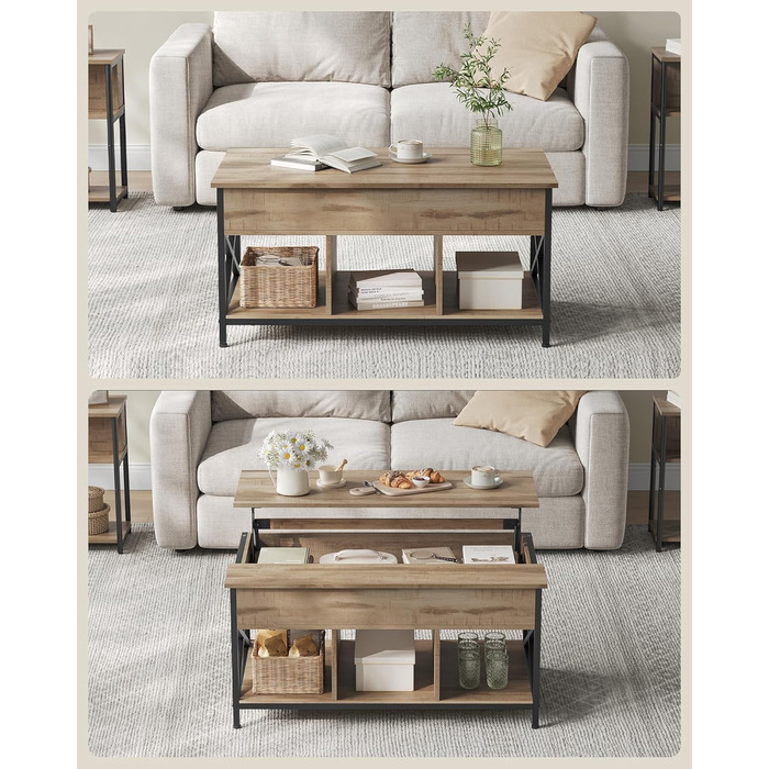 Журнальний столик VASAGLE, стіл для вітальні з регульованою висотою, журнальний столик, відкрите та приховане місце для зберігання, X-подібні стійки, 60 x 100 x (48-62) см, колір верблюжого коричневого та чорного кольорів LCT205K50 60 x 100 x (48-62) см, 