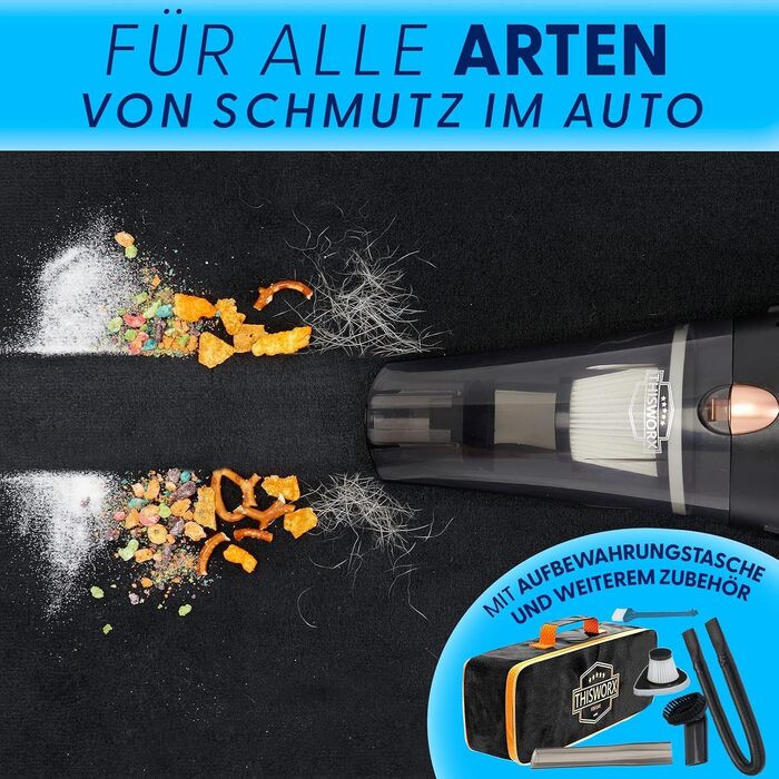 Автомобільний пилосос ThisWorx зі світлодіодним підсвічуванням - Ручний пилосос для прибирання автомобіля - 106 Вт 12 В - Адаптер