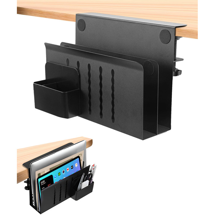 Підставка для ноутбука та планшета на стіл, бічна полиця для зберігання, двоярусна з тримачем для ручок (чорна)