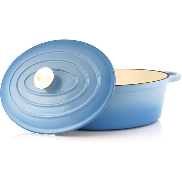 Чавунна кокотниця BBQ-Toro 4,3 л синя, овальна емальована чавунна сковорідка з кришкою чавунна каструля, підходить для індукційних
