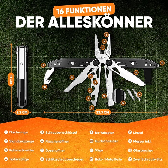 Складаний багатофункціональний інструмент District North Multitool Black Series з 16 інструментами Універсальний мультитул зі скла