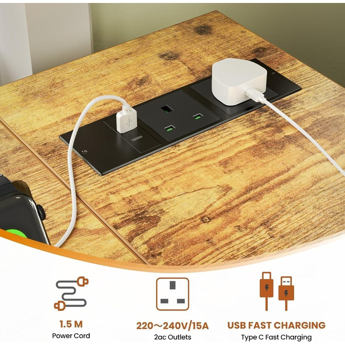 Невеликий L-подібний ігровий стіл з розетками, 140 x 70 см, кутовий комп&39ютерний стіл з великими полицями, що можна перевернути, для домашнього офісу, робоча станція для ПК з гачками для письма, навчання, рустикальний коричневий 140 x 70 см