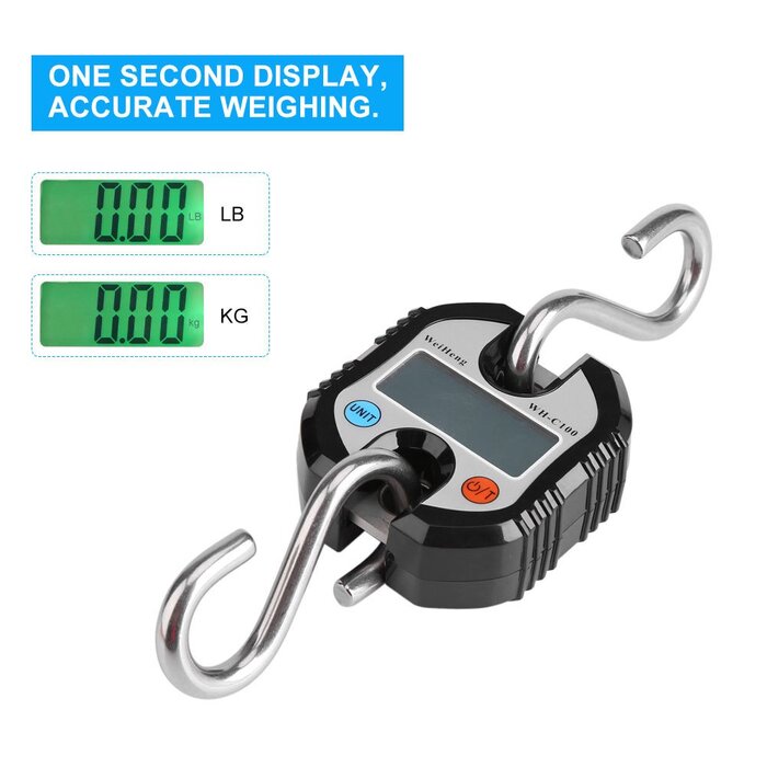Електронні ваги, цифрові підвісні ваги з РК-дисплеєм, 150 кілограмів, електронні ваги з підвісними гачками та петлею для зважування (чорні)