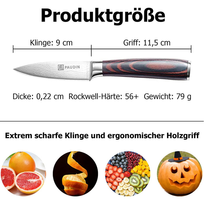 Ніж для чищення фруктів PAUDIN 9 см, гострий ніж для фруктів Ніж для чищення Кухонний ніж Ергономічна ручка Німецька нержавіюча ст