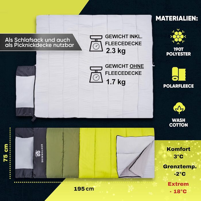 Спальний мішок SkinWalker Маленький розмір, висота до 1,70 м 3-4 сезони зі знімним флісом подушка від -18C до 15C Зимовий Літній ковдра, спальний мішок для кемпінгу, молодіжний, зелений