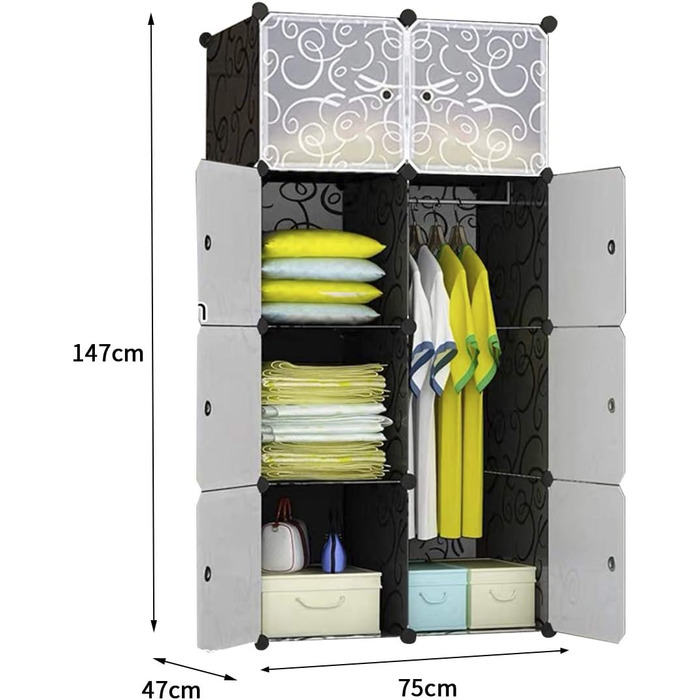 Шафа BRIAN & DANY на 8 кубів, модульна система полиць, пластикова шафа з дверима та 1 вішалкою, глибші відділення, ніж зазвичай (45 см проти 35 см) для більшого простору, стиль принта на 8 кубів