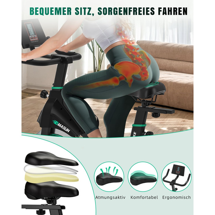 Новий велотренажер, домашній велотренажер DMASUN, регульований опір, надзвичайно зручне сидіння та чохол для сидіння, великий тримач для планшета, тихий та стабільний фітнес-велотренажер для дому, витримує до 160 кг, зелений - Покращено тертя