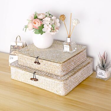 Кошик SUMNACON з ротанга, 2 шт., виготовлений з натуральної морської трави, з кришкою, коробка для зберігання ручної роботи, кошики для зберігання, кошик-органайзер для кухні, ванної кімнати, спальні, великий малий (прямокутний, білий)