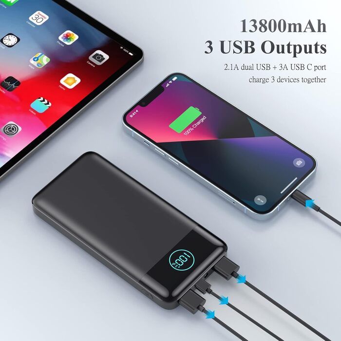 Ультратонкий Power Bank PD USB C Вхід і вихід 3.0A Зовнішній акумулятор з ліхтариком, Power Bank LED Display Акумулятор Сумісний з iPhone 14 Pro 13 12 Samsung Huawei iPad - чорний, 13800mAh