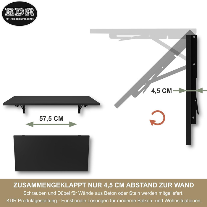 Настінний розкладний стіл KDR 80x40 см, чорний Складаний стіл для настінного монтажу як обідній стіл, письмовий стіл, кухонний стіл або робоче місце Економія місця та універсальність