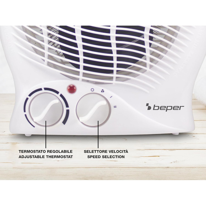 Тепловентилятор BEPER P203TER202, 2000 Вт, 2 рівні потужності, компактний вентилятор з регульованим термостатом, еко-режимом та автоматичним вимкненням, білий