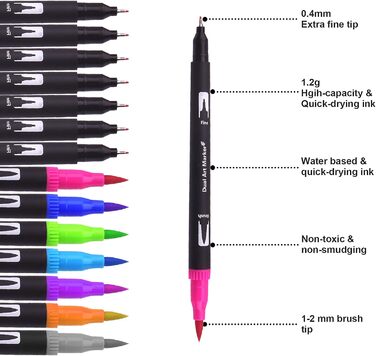 Набір фломастерів Laconile 132, подвійний наконечник, ручки-пензлі, кольорові олівці, маркери-пензлі для дорослих, розмальовки, каліграфія, малювання, скетчинг