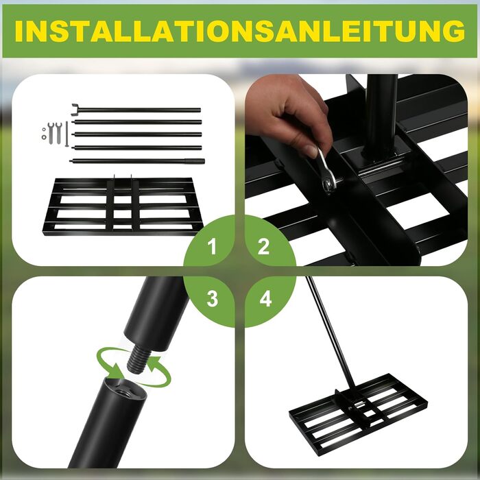 Гребінь для вирівнювання газону Rasenrechen 45x25 см з регульованою ручкою 2 м та системою обертання, зручний та економічний інструмент для вирівнювання газону на подвір'ї, в саду та на гольф-полі