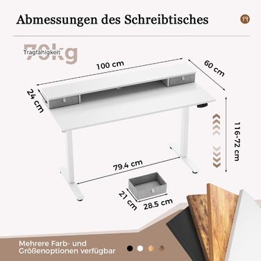 Письмовий стіл Klicelor з регульованою висотою та подвійними шухлядами, електрично регульований по висоті стіл, комп&39ютерний стіл для роботи сидячи та стоячи, ергономічний стіл для роботи стоячи, 100 x 60 см, білий