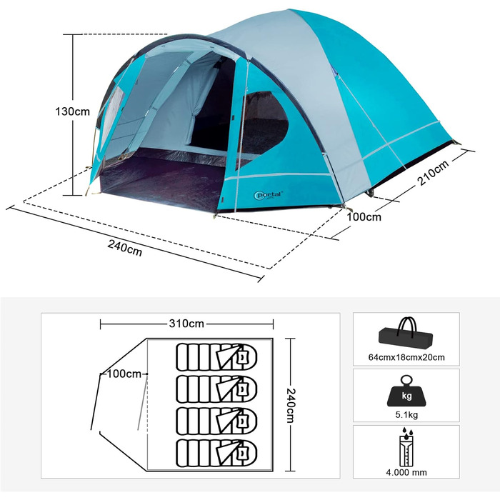 Портальний намет 3-4 особи кемпінговий водонепроникний купольний намет 4000 мм з тентом сімейний намет фестивальний намет для кемпінгу, подорожей, трекінгу, саду синього кольору