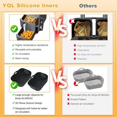 Силіконові форми YQL для подвійної фритюрниці Ninja SL400EU/ SL400EUCP, силіконова вставка для фритюрниці 2PCS, аксесуари для фритюрниці Ninja Foodi Max Dual Zone AF400EU/ AF400EUCP (чорна)