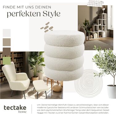 Табурет tectake для зберігання речей, пуф у скандинавському стилі з тканини букле teddy, круглий м&39який табурет для туалетного столика, меблі для вітальні, меблі для коридору, табурет для зберігання речей, Ø 42 x 47 см - букле кремово-білий 42Г x 42Ш x 