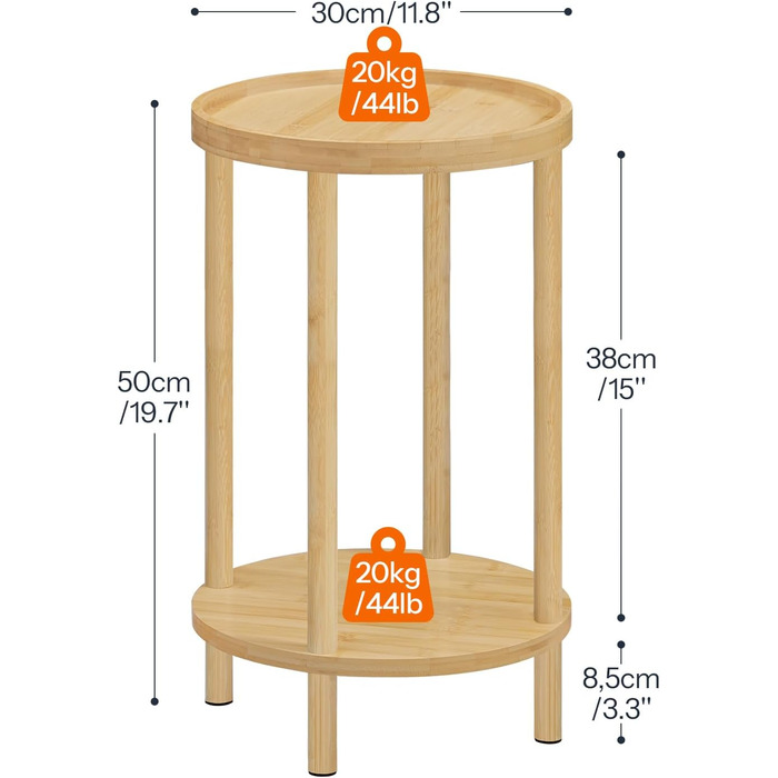Круглий бамбуковий бічний столик HOOBRO, тумбочка з піднятим краєм, сучасний диван-столик, для невеликих приміщень, вітальні, спальні, коридору, вхідної зони, натуральний EYL156BZ01 натуральні кольори