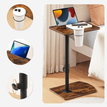 Журнальний столик HOOBRO C-подібної форми, регульована висота від 45,5 до 78 см, обертовий на 360 диванний столик з тримачем для напоїв та слотом, засовується під диван або ліжко, вінтажний коричневий та чорний EBF34SF01 Вінтажний коричневий чорний