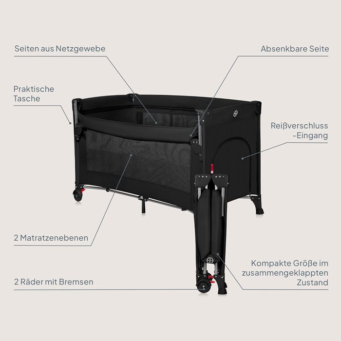 Дорожнє ліжечко Lionelo Ellen 3-в-1 для дітей від 0 до 3 років, приліжкове ліжечко для новонароджених та дітей старшого віку до 15 кг, 2 рівні висоти матраца, ремені кріплення, бічна блискавка, 2 колеса, сумка, чорний колір