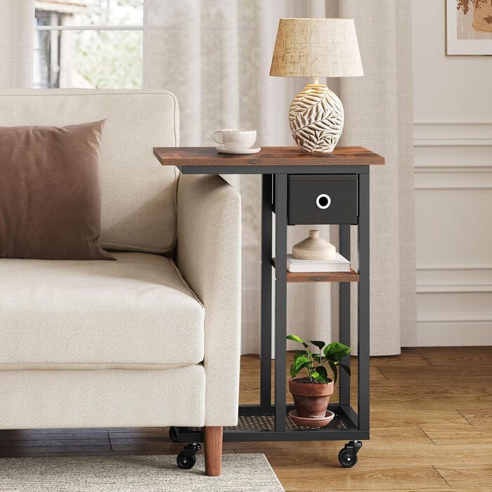 Журнальний столик YITAHOME, С-подібний диван-стіл з колесами та шухлядою, журнальний столик та журнальний столик для ноутбука, для вітальні, спальні, 50 x 30 x 67 см, рустикальний коричневий