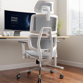 Ергономічне офісне крісло, висока спинка з сітчастого покриття та поперековою опорою, ігрове крісло з регульованими 3D-підлокітниками та підголівником, велике та високе обертове комп&39ютерне крісло, білий колір, 150 кг