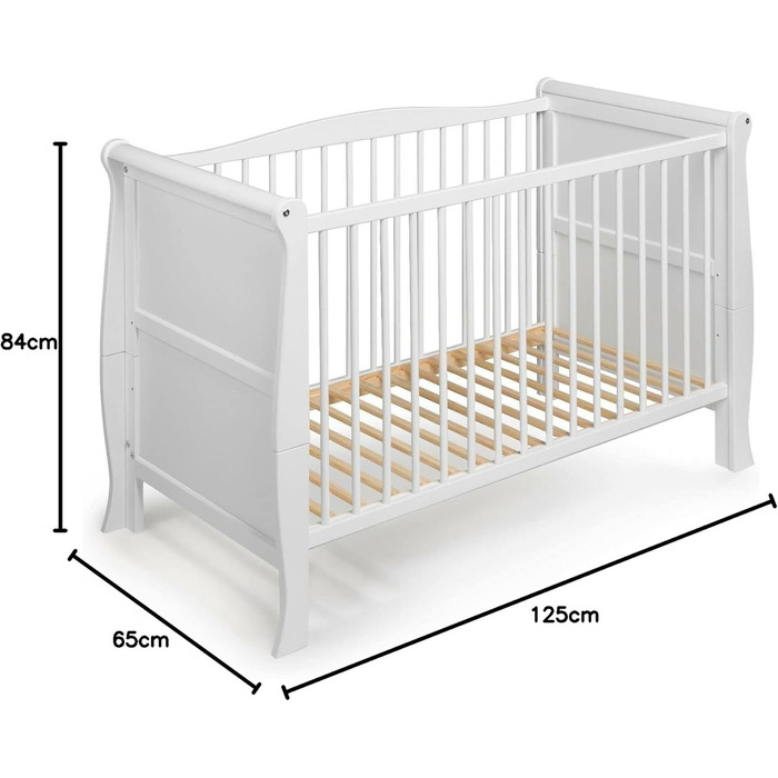 Дитяче ліжечко Marsell, дитяче ліжко, ліжечко для малюків з матрацом з піни алое вера, регульовані поручні для прорізування зубів, біле, трансформується в дитяче ліжко
