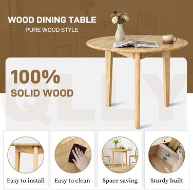 Круглий обідній стіл QLLY з масиву дерева, кухонний стіл, дерев&39яний стіл, плоскі ніжки (натуральний, 80 см, бежевий-круглий, 80 x 80 см)