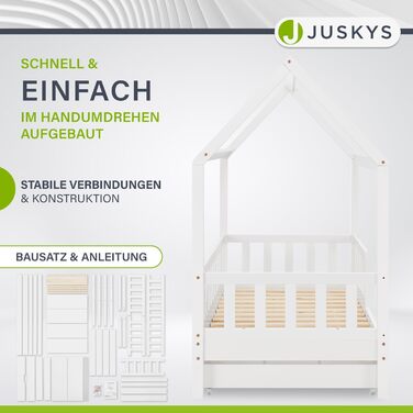 Дитяче ліжко Juskys Marli 90 x 200 см з матрацом, ящиком для ліжка, захисними поручнями, рейковою основою та дахом - Ліжко-будиночок з масиву дерева для дітей - Ліжко білого кольору