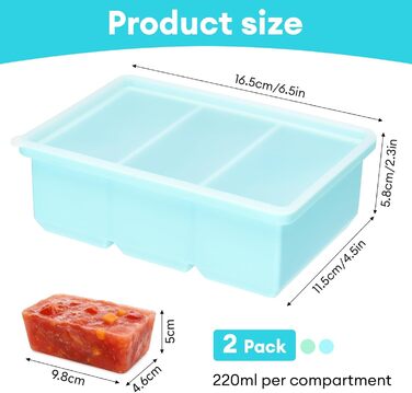 Контейнери для заморожування супів, 2 шт., силіконові кубики для супу з кришками, морозильна камера без бісфенолу А, лоток для кубиків льоду в морозильній камері для бульйону, соусу та льоду (синійзелений, 220 мл)