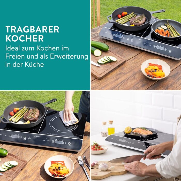 Індукційна плита Navaris 2 Plate - Мобільна на 3500 Вт - Портативна подвійна варильна поверхня для кемпінгу - Індукційна плита з сенсорним дисплеєм таймера та виявленням горщика Чорний глянсовий